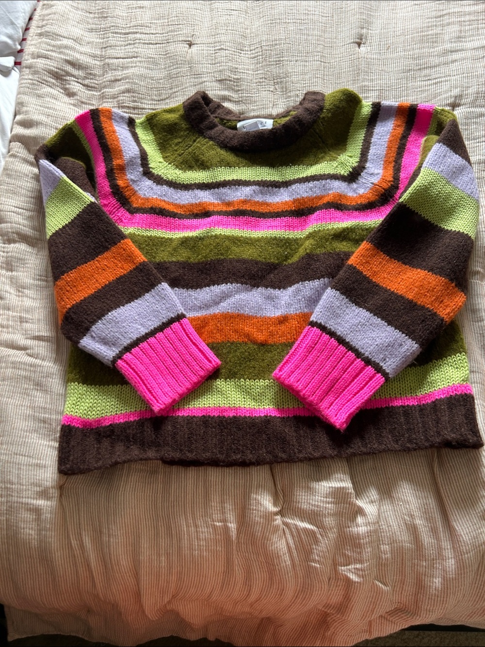 Women’s Multicolor Stripe Crewneck Sweater - Bright Pink & Olive